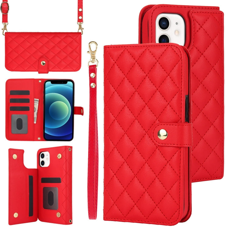 For iPhone 12 mini Crossbody Multifunction Rhombic Leather Phone Case(Red) - iPhone 12 mini Cases by buy2fix | Online Shopping UK | buy2fix