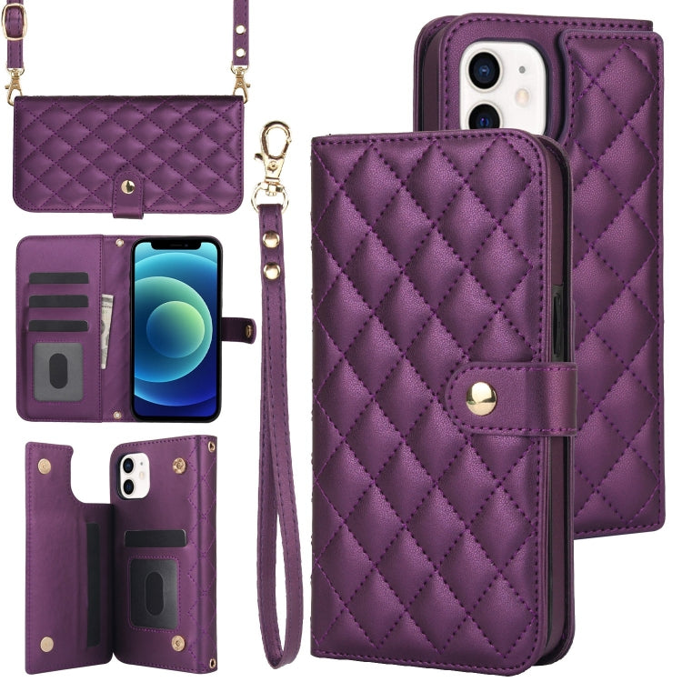 For iPhone 12 mini Crossbody Multifunction Rhombic Leather Phone Case(Dark Purple) - iPhone 12 mini Cases by buy2fix | Online Shopping UK | buy2fix