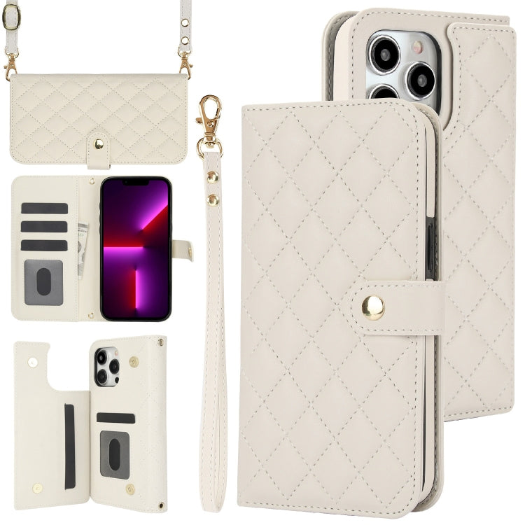 For iPhone 12 Pro Max Crossbody Multifunction Rhombic Leather Phone Case(White) - iPhone 12 Pro Max Cases by buy2fix | Online Shopping UK | buy2fix