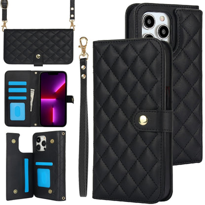For iPhone 12 Pro Max Crossbody Multifunction Rhombic Leather Phone Case(Black) - iPhone 12 Pro Max Cases by buy2fix | Online Shopping UK | buy2fix