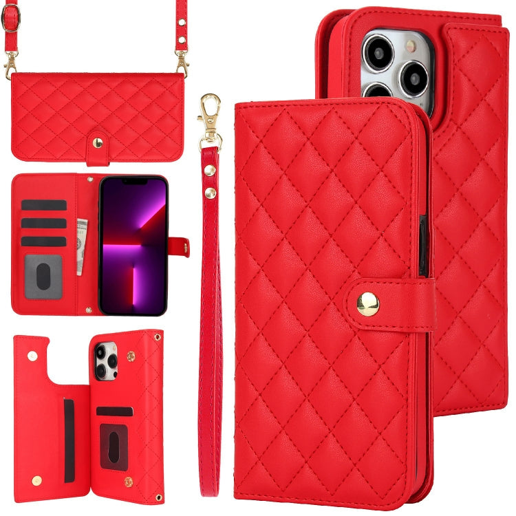 For iPhone 12 Pro Max Crossbody Multifunction Rhombic Leather Phone Case(Red) - iPhone 12 Pro Max Cases by buy2fix | Online Shopping UK | buy2fix