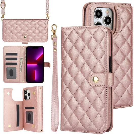 For iPhone 12 Pro Max Crossbody Multifunction Rhombic Leather Phone Case(Rose Gold) - iPhone 12 Pro Max Cases by buy2fix | Online Shopping UK | buy2fix