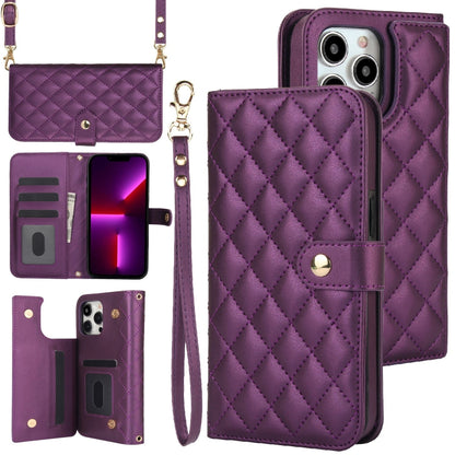 For iPhone 12 Pro Max Crossbody Multifunction Rhombic Leather Phone Case(Dark Purple) - iPhone 12 Pro Max Cases by buy2fix | Online Shopping UK | buy2fix