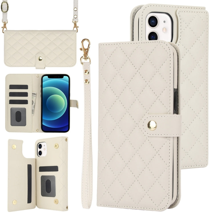For iPhone 12 / 12 Pro Crossbody Multifunction Rhombic Leather Phone Case(White) - iPhone 12 / 12 Pro Cases by buy2fix | Online Shopping UK | buy2fix