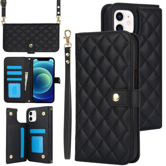 For iPhone 12 / 12 Pro Crossbody Multifunction Rhombic Leather Phone Case(Black) - iPhone 12 / 12 Pro Cases by buy2fix | Online Shopping UK | buy2fix