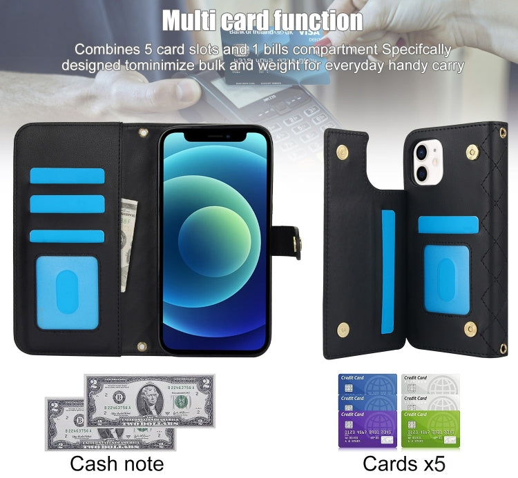 For iPhone 12 / 12 Pro Crossbody Multifunction Rhombic Leather Phone Case(Black) - iPhone 12 / 12 Pro Cases by buy2fix | Online Shopping UK | buy2fix