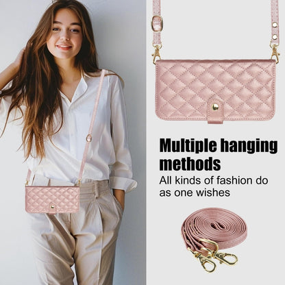 For iPhone 12 / 12 Pro Crossbody Multifunction Rhombic Leather Phone Case(Rose Gold) - iPhone 12 / 12 Pro Cases by buy2fix | Online Shopping UK | buy2fix