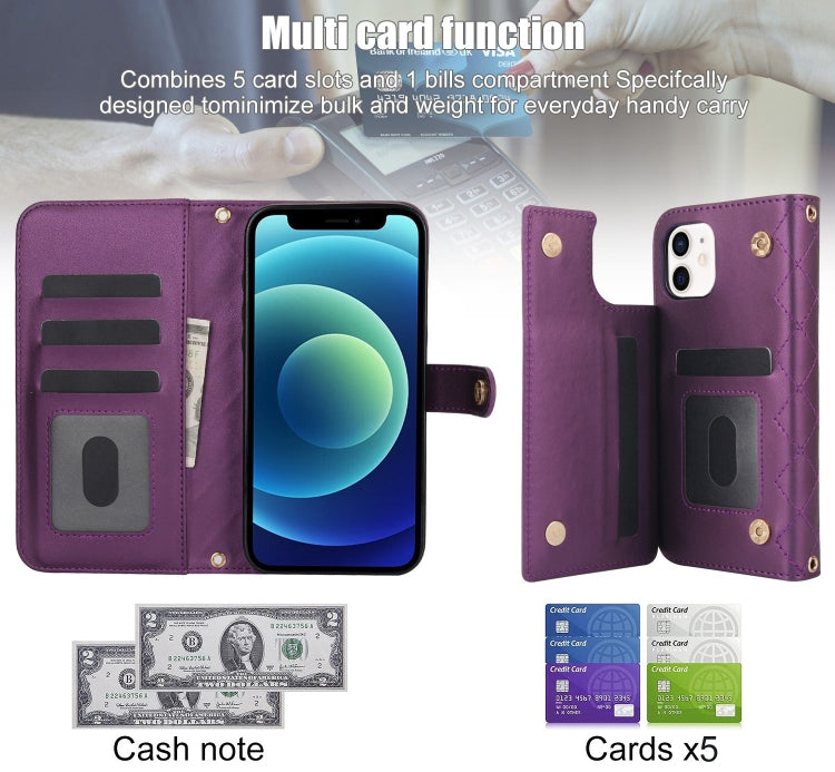 For iPhone 12 / 12 Pro Crossbody Multifunction Rhombic Leather Phone Case(Dark Purple) - iPhone 12 / 12 Pro Cases by buy2fix | Online Shopping UK | buy2fix