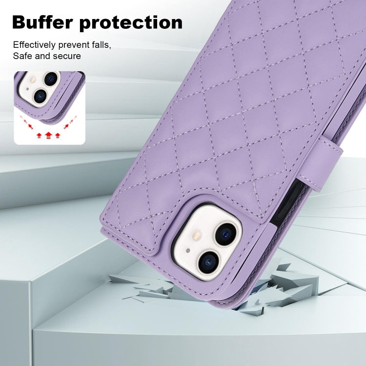 For iPhone 12 / 12 Pro Crossbody Multifunction Rhombic Leather Phone Case(Purple) - iPhone 12 / 12 Pro Cases by buy2fix | Online Shopping UK | buy2fix