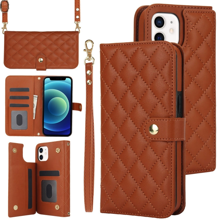 For iPhone 12 / 12 Pro Crossbody Multifunction Rhombic Leather Phone Case(Brown) - iPhone 12 / 12 Pro Cases by buy2fix | Online Shopping UK | buy2fix