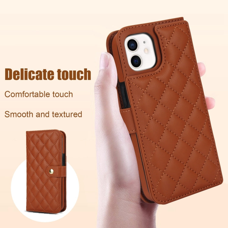 For iPhone 12 / 12 Pro Crossbody Multifunction Rhombic Leather Phone Case(Brown) - iPhone 12 / 12 Pro Cases by buy2fix | Online Shopping UK | buy2fix
