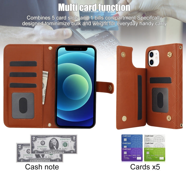 For iPhone 12 / 12 Pro Crossbody Multifunction Rhombic Leather Phone Case(Brown) - iPhone 12 / 12 Pro Cases by buy2fix | Online Shopping UK | buy2fix