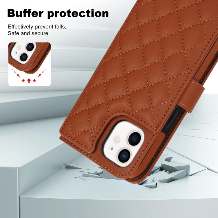 For iPhone 12 / 12 Pro Crossbody Multifunction Rhombic Leather Phone Case(Brown) - iPhone 12 / 12 Pro Cases by buy2fix | Online Shopping UK | buy2fix