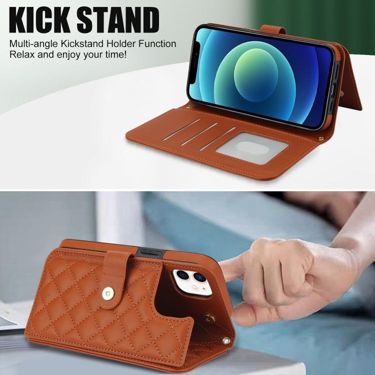 For iPhone 12 / 12 Pro Crossbody Multifunction Rhombic Leather Phone Case(Brown) - iPhone 12 / 12 Pro Cases by buy2fix | Online Shopping UK | buy2fix