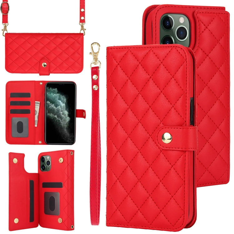 For iPhone 11 Pro Max Crossbody Multifunction Rhombic Leather Phone Case(Red) - iPhone 11 Pro Max Cases by buy2fix | Online Shopping UK | buy2fix