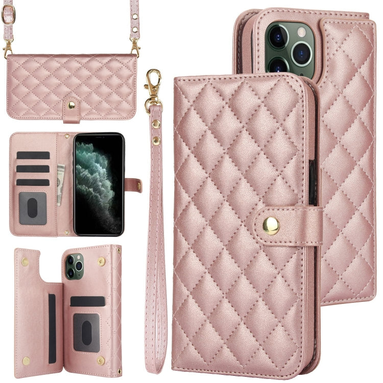 For iPhone 11 Pro Max Crossbody Multifunction Rhombic Leather Phone Case(Rose Gold) - iPhone 11 Pro Max Cases by buy2fix | Online Shopping UK | buy2fix