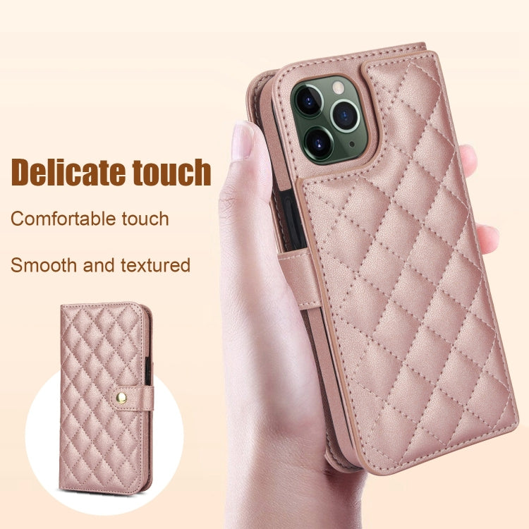 For iPhone 11 Pro Max Crossbody Multifunction Rhombic Leather Phone Case(Rose Gold) - iPhone 11 Pro Max Cases by buy2fix | Online Shopping UK | buy2fix