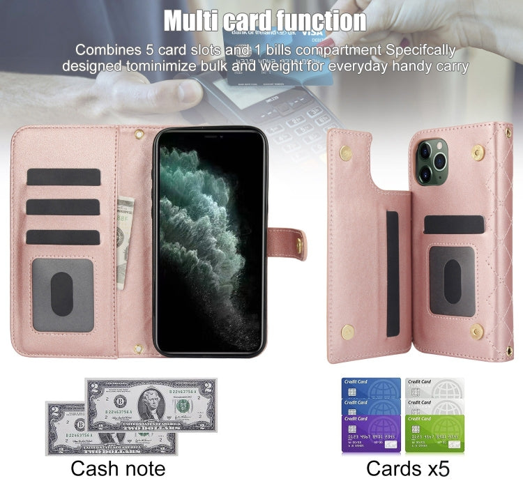 For iPhone 11 Pro Max Crossbody Multifunction Rhombic Leather Phone Case(Rose Gold) - iPhone 11 Pro Max Cases by buy2fix | Online Shopping UK | buy2fix