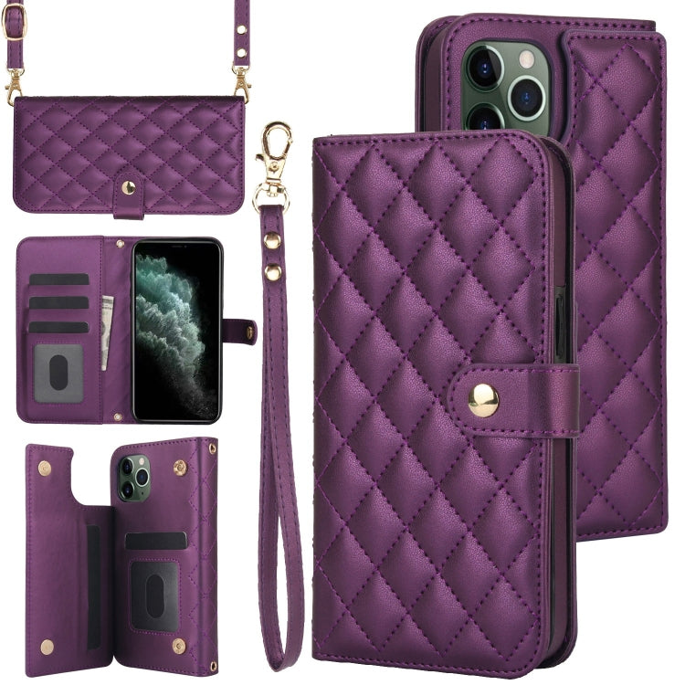 For iPhone 11 Pro Max Crossbody Multifunction Rhombic Leather Phone Case(Dark Purple) - iPhone 11 Pro Max Cases by buy2fix | Online Shopping UK | buy2fix