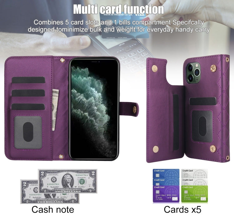 For iPhone 11 Pro Max Crossbody Multifunction Rhombic Leather Phone Case(Dark Purple) - iPhone 11 Pro Max Cases by buy2fix | Online Shopping UK | buy2fix