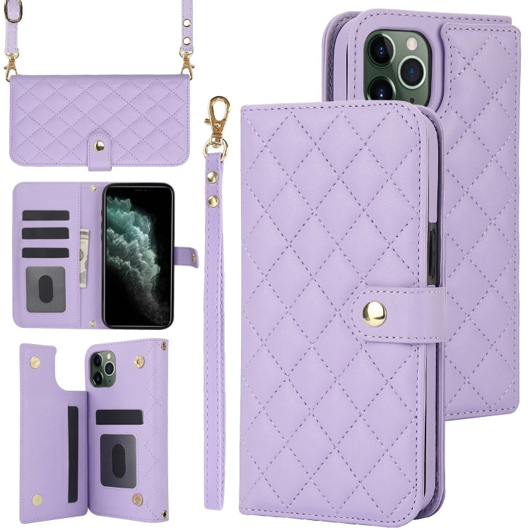 For iPhone 11 Pro Max Crossbody Multifunction Rhombic Leather Phone Case(Purple) - iPhone 11 Pro Max Cases by buy2fix | Online Shopping UK | buy2fix