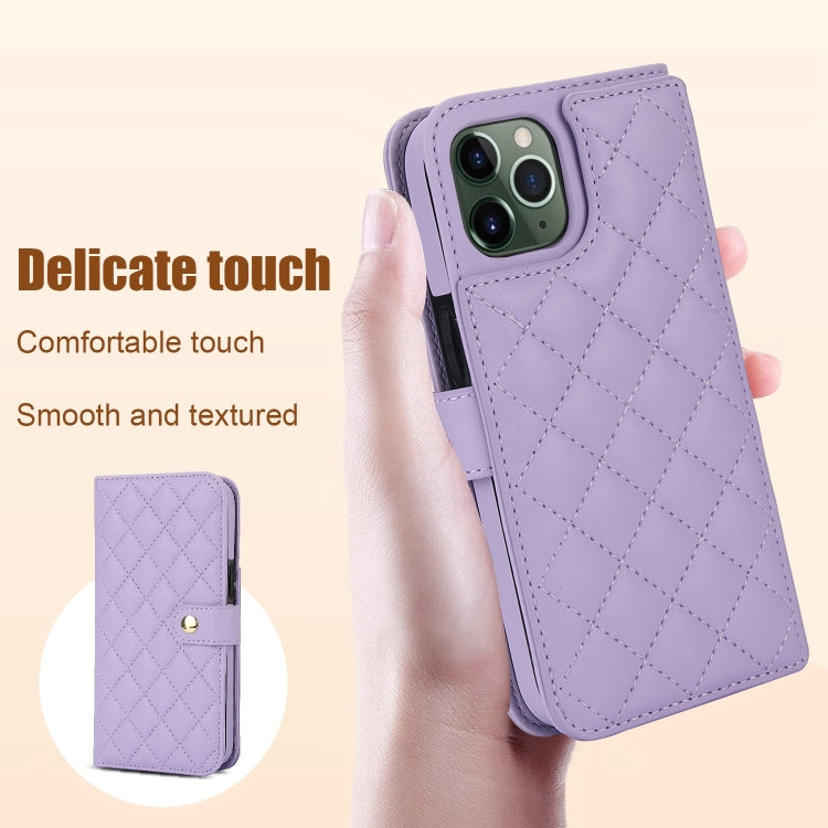 For iPhone 11 Pro Max Crossbody Multifunction Rhombic Leather Phone Case(Purple) - iPhone 11 Pro Max Cases by buy2fix | Online Shopping UK | buy2fix