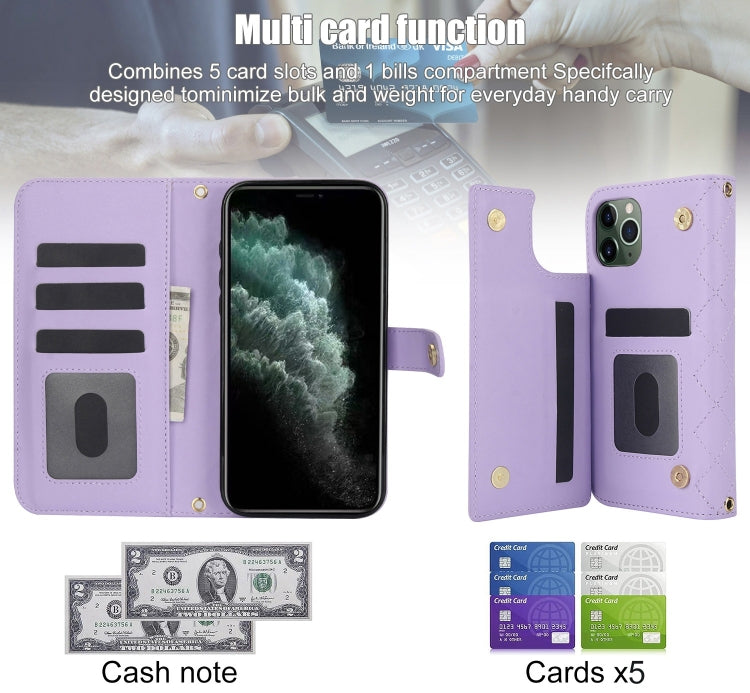 For iPhone 11 Pro Max Crossbody Multifunction Rhombic Leather Phone Case(Purple) - iPhone 11 Pro Max Cases by buy2fix | Online Shopping UK | buy2fix