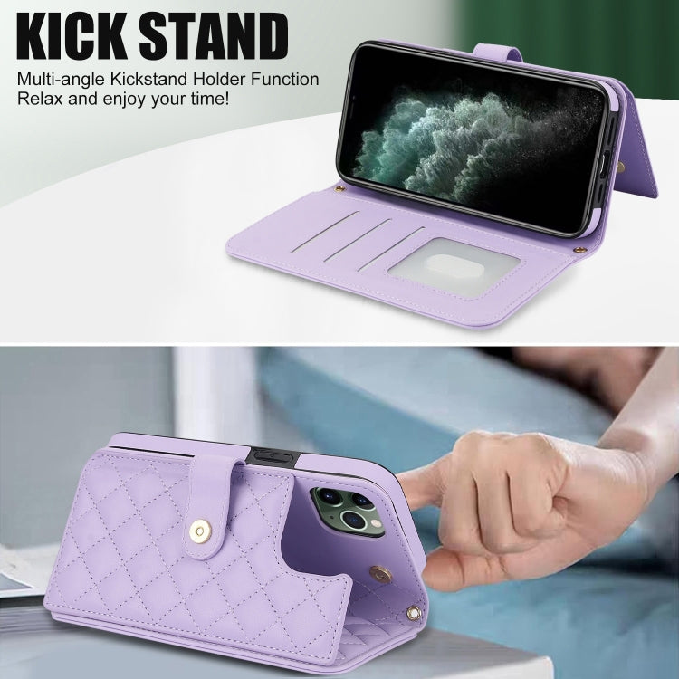 For iPhone 11 Pro Max Crossbody Multifunction Rhombic Leather Phone Case(Purple) - iPhone 11 Pro Max Cases by buy2fix | Online Shopping UK | buy2fix