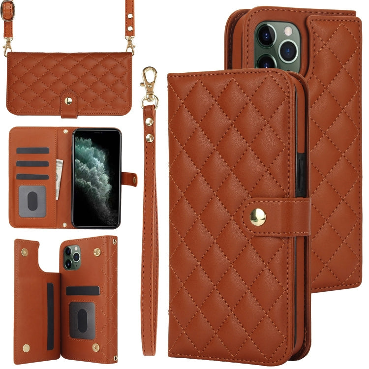 For iPhone 11 Pro Max Crossbody Multifunction Rhombic Leather Phone Case(Brown) - iPhone 11 Pro Max Cases by buy2fix | Online Shopping UK | buy2fix
