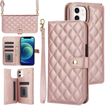For iPhone 11 Crossbody Multifunction Rhombic Leather Phone Case(Rose Gold) - iPhone 11 Cases by buy2fix | Online Shopping UK | buy2fix