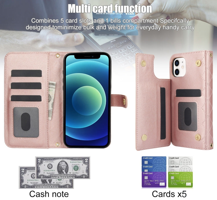 For iPhone 11 Crossbody Multifunction Rhombic Leather Phone Case(Rose Gold) - iPhone 11 Cases by buy2fix | Online Shopping UK | buy2fix