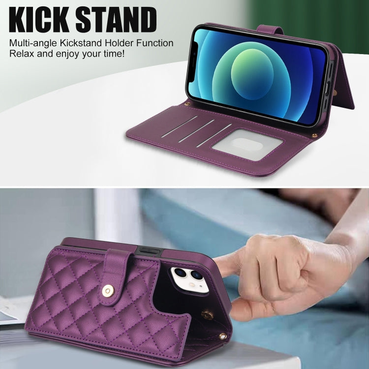 For iPhone 11 Crossbody Multifunction Rhombic Leather Phone Case(Dark Purple) - iPhone 11 Cases by buy2fix | Online Shopping UK | buy2fix