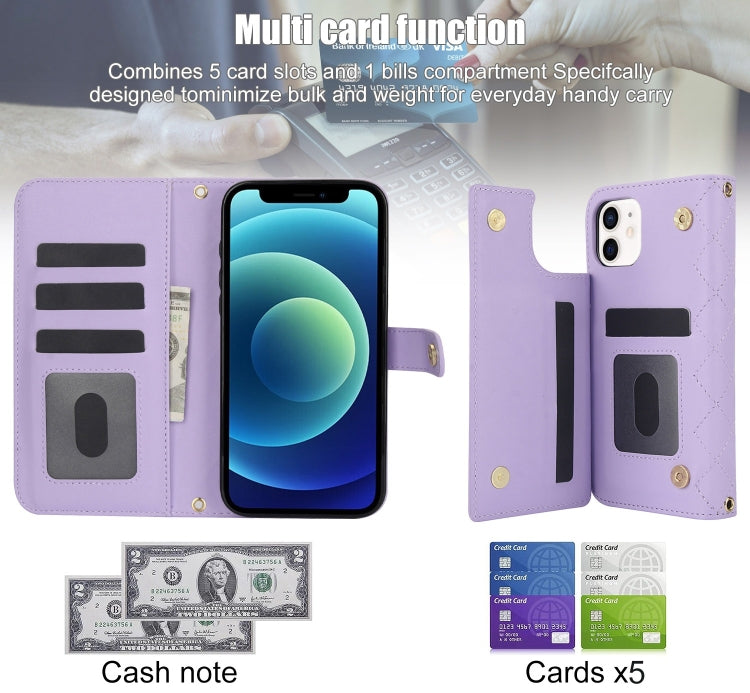For iPhone 11 Crossbody Multifunction Rhombic Leather Phone Case(Purple) - iPhone 11 Cases by buy2fix | Online Shopping UK | buy2fix