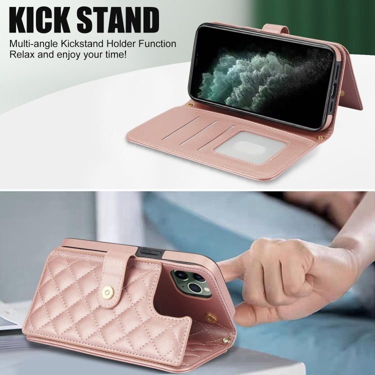 For iPhone 11 Pro Crossbody Multifunction Rhombic Leather Phone Case(Rose Gold) - iPhone 11 Pro Cases by buy2fix | Online Shopping UK | buy2fix