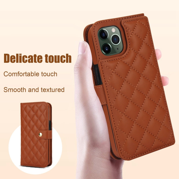 For iPhone 11 Pro Crossbody Multifunction Rhombic Leather Phone Case(Brown) - iPhone 11 Pro Cases by buy2fix | Online Shopping UK | buy2fix