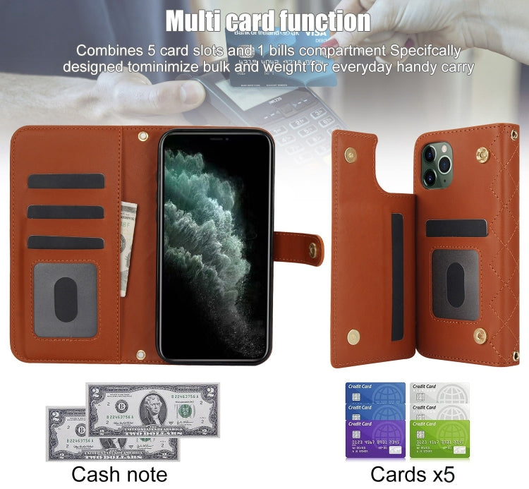For iPhone 11 Pro Crossbody Multifunction Rhombic Leather Phone Case(Brown) - iPhone 11 Pro Cases by buy2fix | Online Shopping UK | buy2fix