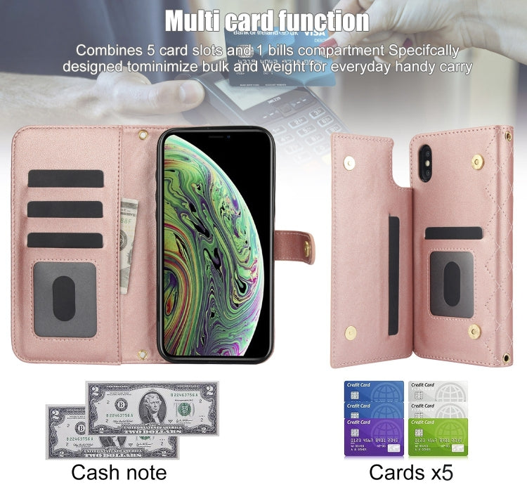 For iPhone X / XS Crossbody Multifunction Rhombic Leather Phone Case(Rose Gold) - More iPhone Cases by buy2fix | Online Shopping UK | buy2fix