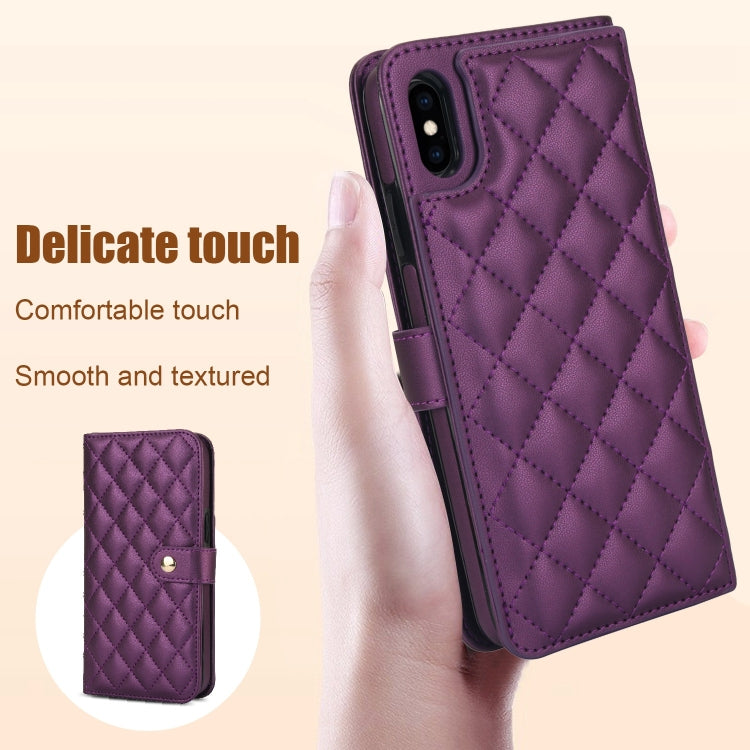 For iPhone X / XS Crossbody Multifunction Rhombic Leather Phone Case(Dark Purple) - More iPhone Cases by buy2fix | Online Shopping UK | buy2fix