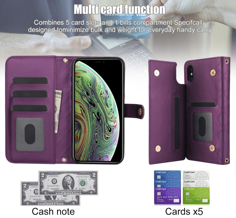 For iPhone X / XS Crossbody Multifunction Rhombic Leather Phone Case(Dark Purple) - More iPhone Cases by buy2fix | Online Shopping UK | buy2fix