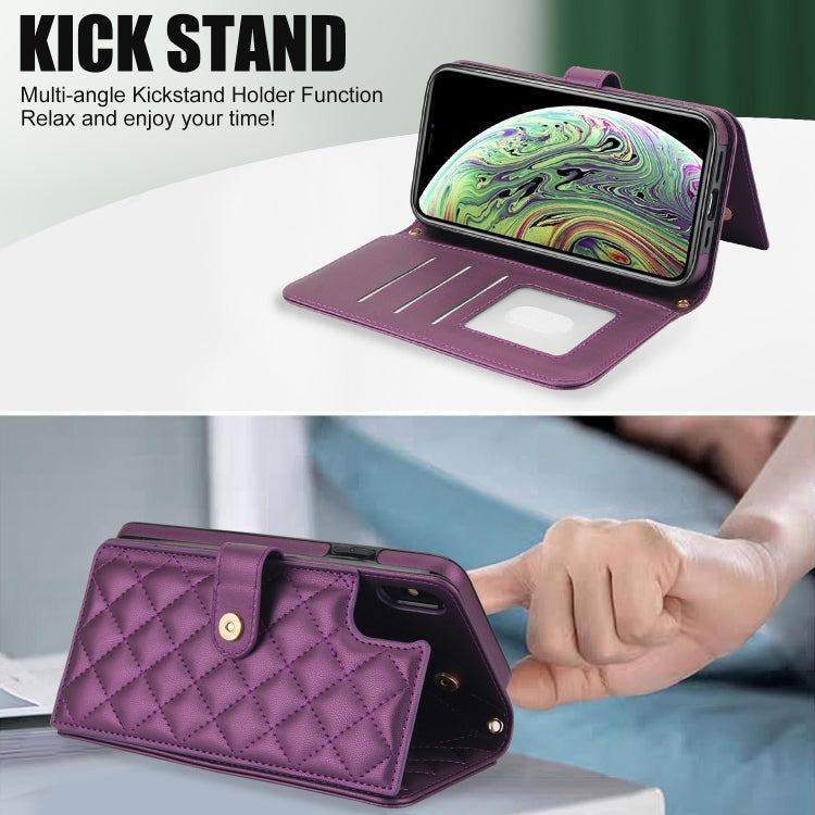 For iPhone X / XS Crossbody Multifunction Rhombic Leather Phone Case(Dark Purple) - More iPhone Cases by buy2fix | Online Shopping UK | buy2fix