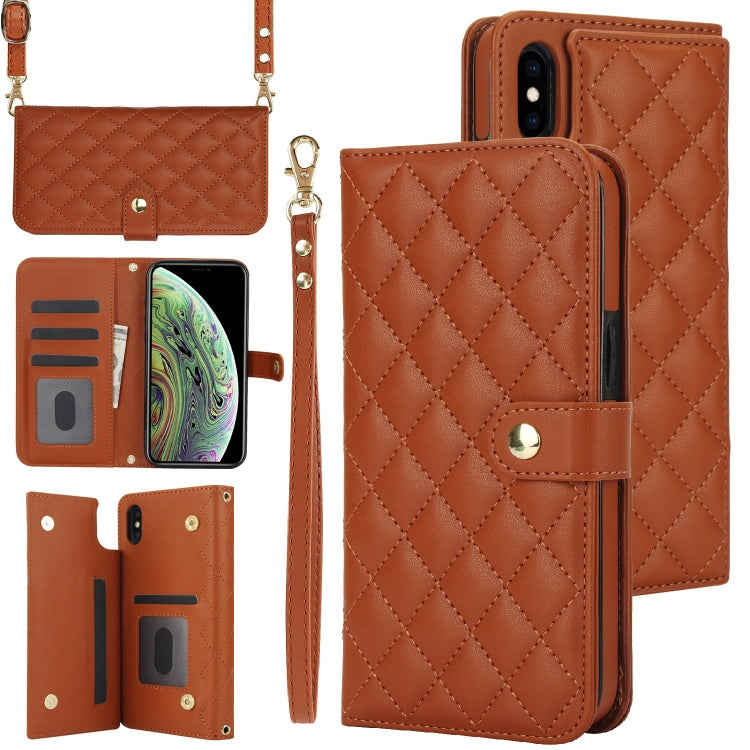 For iPhone X / XS Crossbody Multifunction Rhombic Leather Phone Case(Brown) - More iPhone Cases by buy2fix | Online Shopping UK | buy2fix