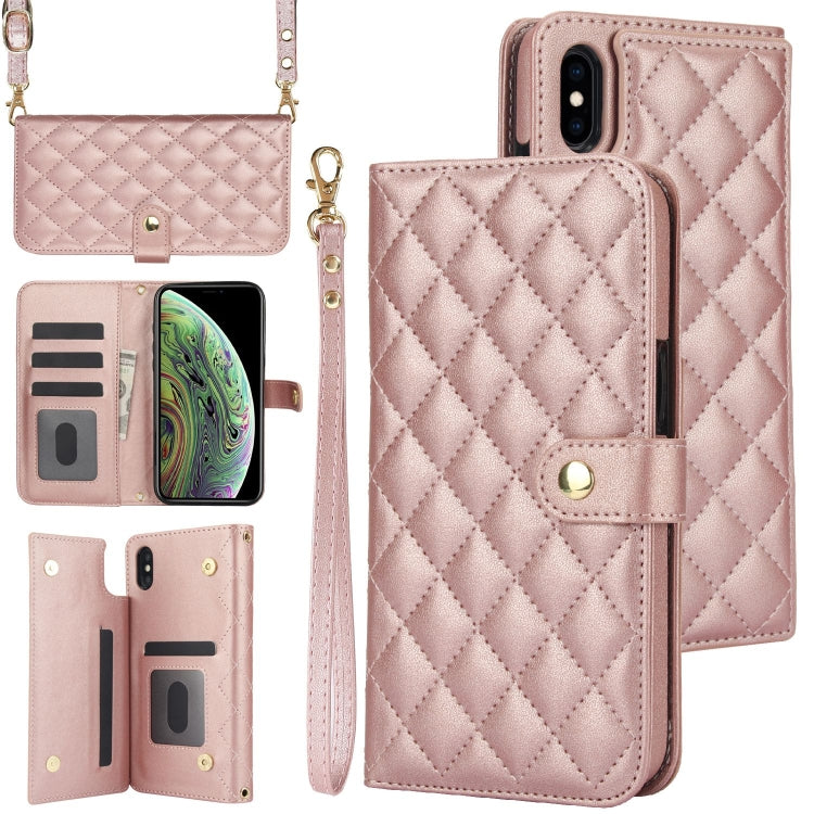 For iPhone XR Crossbody Multifunction Rhombic Leather Phone Case(Rose Gold) - More iPhone Cases by buy2fix | Online Shopping UK | buy2fix