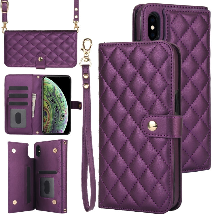 For iPhone XR Crossbody Multifunction Rhombic Leather Phone Case(Dark Purple) - More iPhone Cases by buy2fix | Online Shopping UK | buy2fix