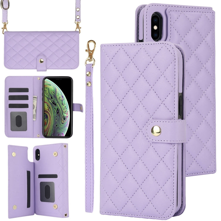 For iPhone XR Crossbody Multifunction Rhombic Leather Phone Case(Purple) - More iPhone Cases by buy2fix | Online Shopping UK | buy2fix