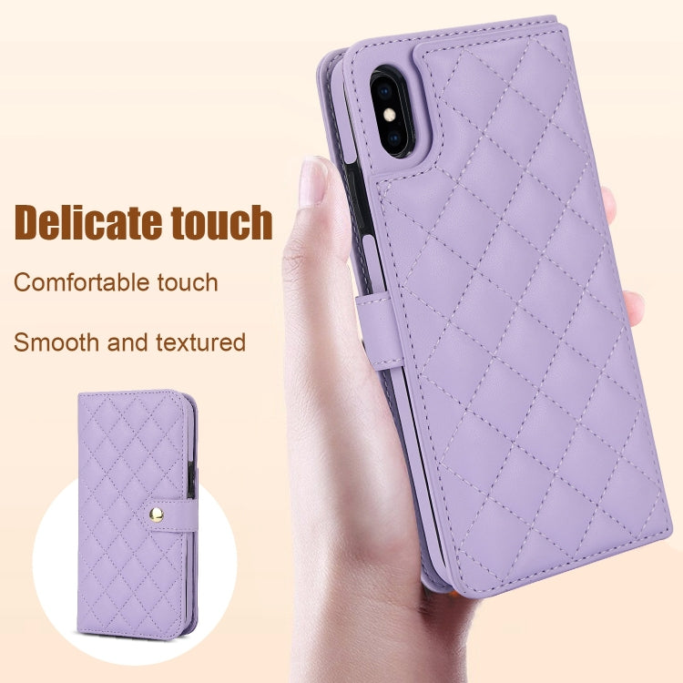 For iPhone XR Crossbody Multifunction Rhombic Leather Phone Case(Purple) - More iPhone Cases by buy2fix | Online Shopping UK | buy2fix