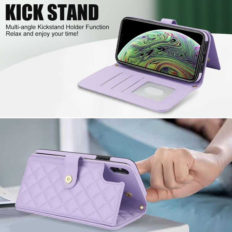 For iPhone XR Crossbody Multifunction Rhombic Leather Phone Case(Purple) - More iPhone Cases by buy2fix | Online Shopping UK | buy2fix