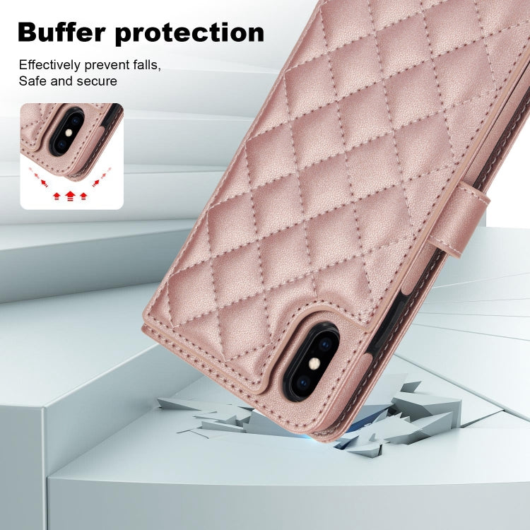 For iPhone XS Max Crossbody Multifunction Rhombic Leather Phone Case(Rose Gold) - More iPhone Cases by buy2fix | Online Shopping UK | buy2fix