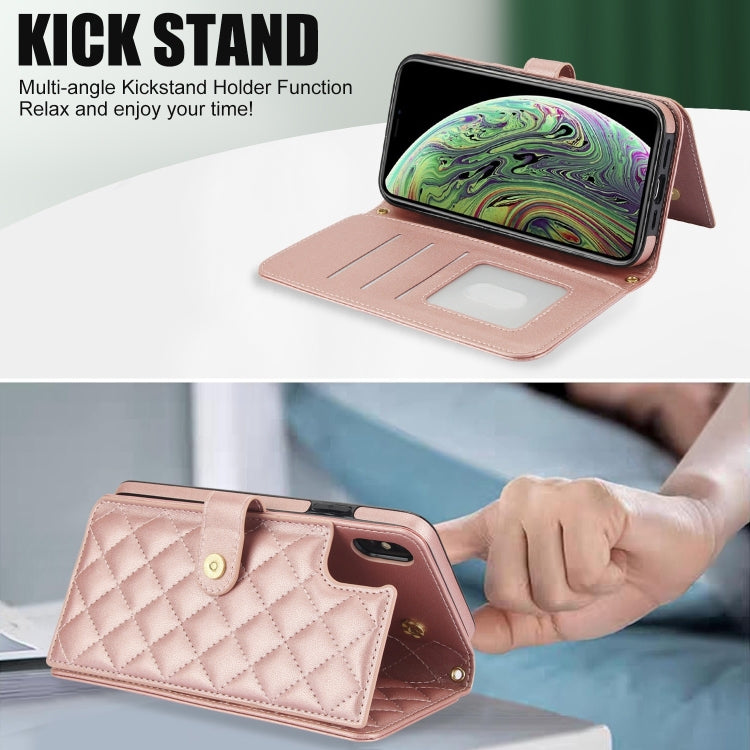 For iPhone XS Max Crossbody Multifunction Rhombic Leather Phone Case(Rose Gold) - More iPhone Cases by buy2fix | Online Shopping UK | buy2fix