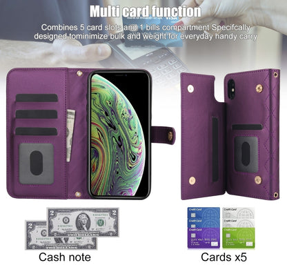 For iPhone XS Max Crossbody Multifunction Rhombic Leather Phone Case(Dark Purple) - More iPhone Cases by buy2fix | Online Shopping UK | buy2fix
