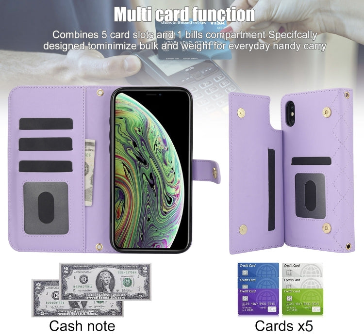 For iPhone XS Max Crossbody Multifunction Rhombic Leather Phone Case(Purple) - More iPhone Cases by buy2fix | Online Shopping UK | buy2fix